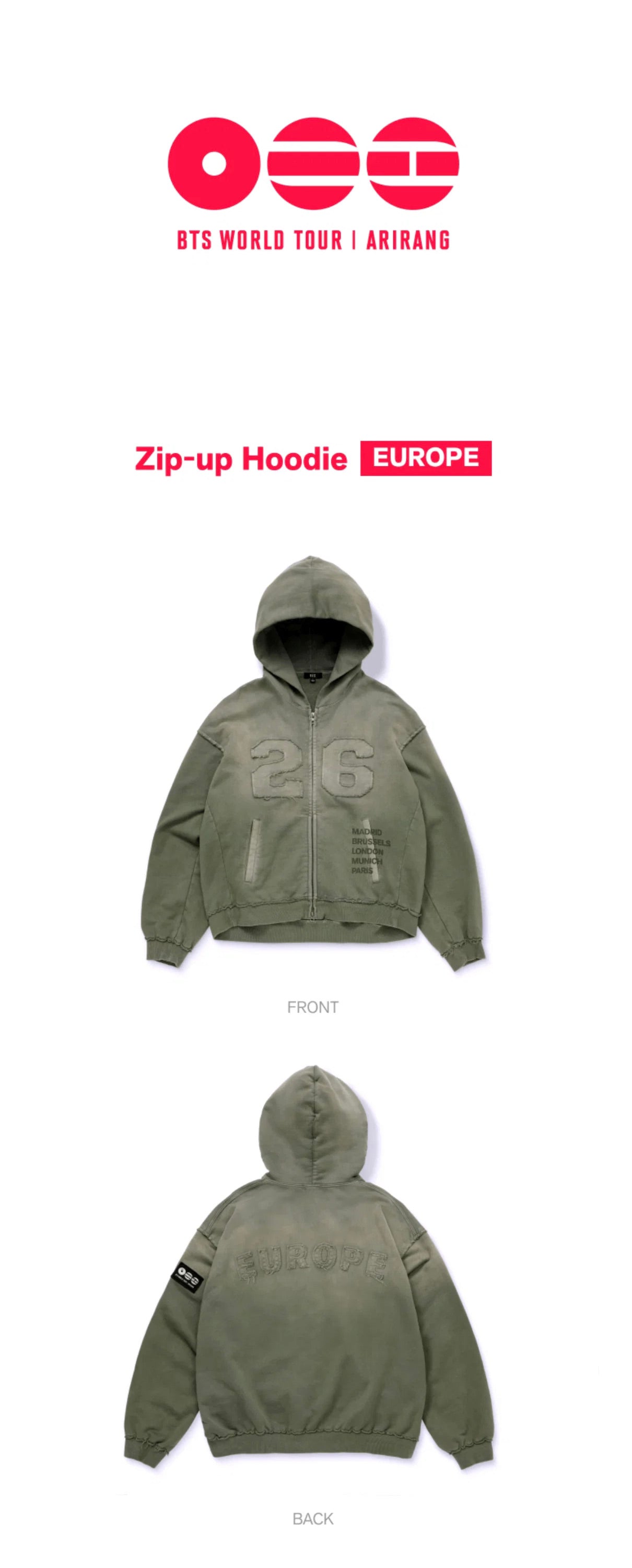 [PREORDER] [SHIPS IN DEC-JAN] BTS - ARIRANG WORLD TOUR OFFICIAL MD ZIP UP HOODIE EUROPE Ver. (Size Choice)