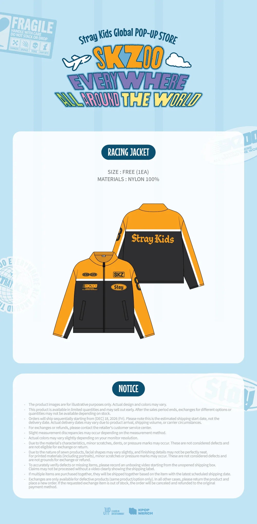 [PREORDER] [SHIPPING TBA 2027] Stray Kids - [SKZOO EVERYWHERE ALL AROUND THE WORLD] Global POP-UP STORE IN LATAM OFFICIAL MD - RACING JACKET + POB
