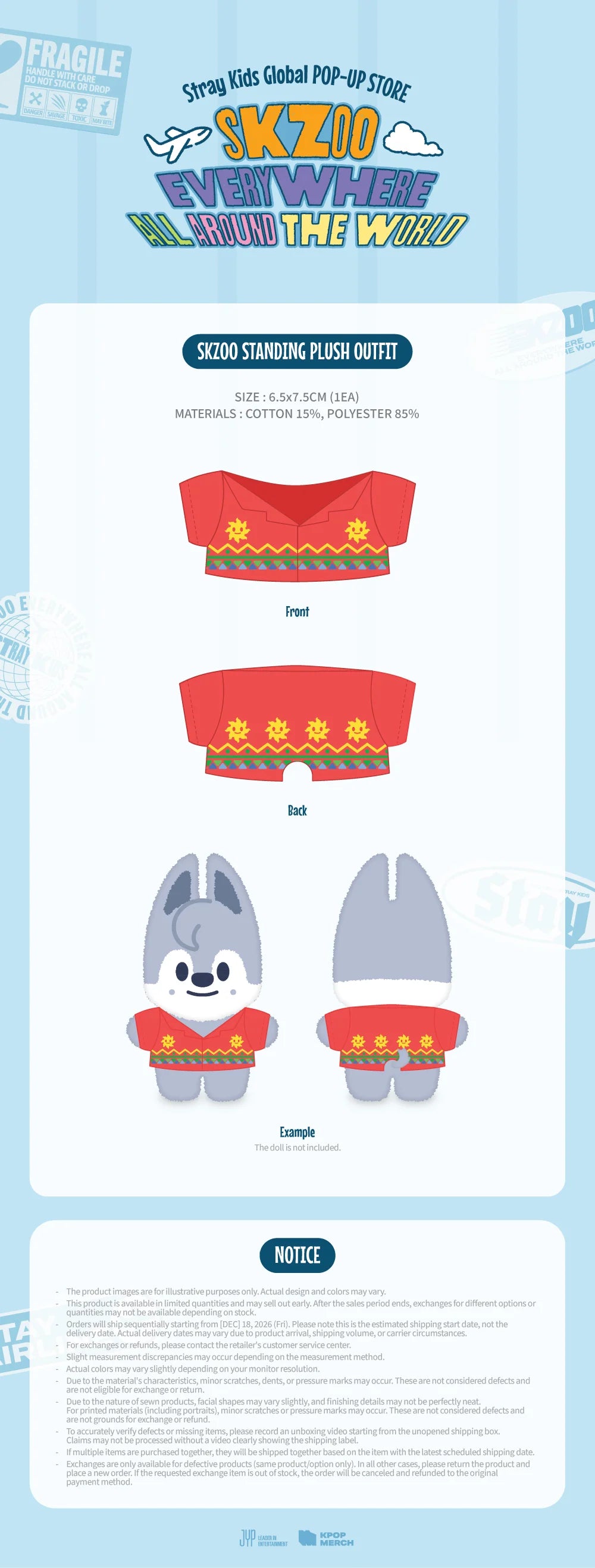 [PREORDER] [SHIPPING TBA 2027] Stray Kids - [SKZOO EVERYWHERE ALL AROUND THE WORLD] Global POP-UP STORE IN LATAM OFFICIAL MD - SKZOO STANDING PLUSH OUTFIT + POB