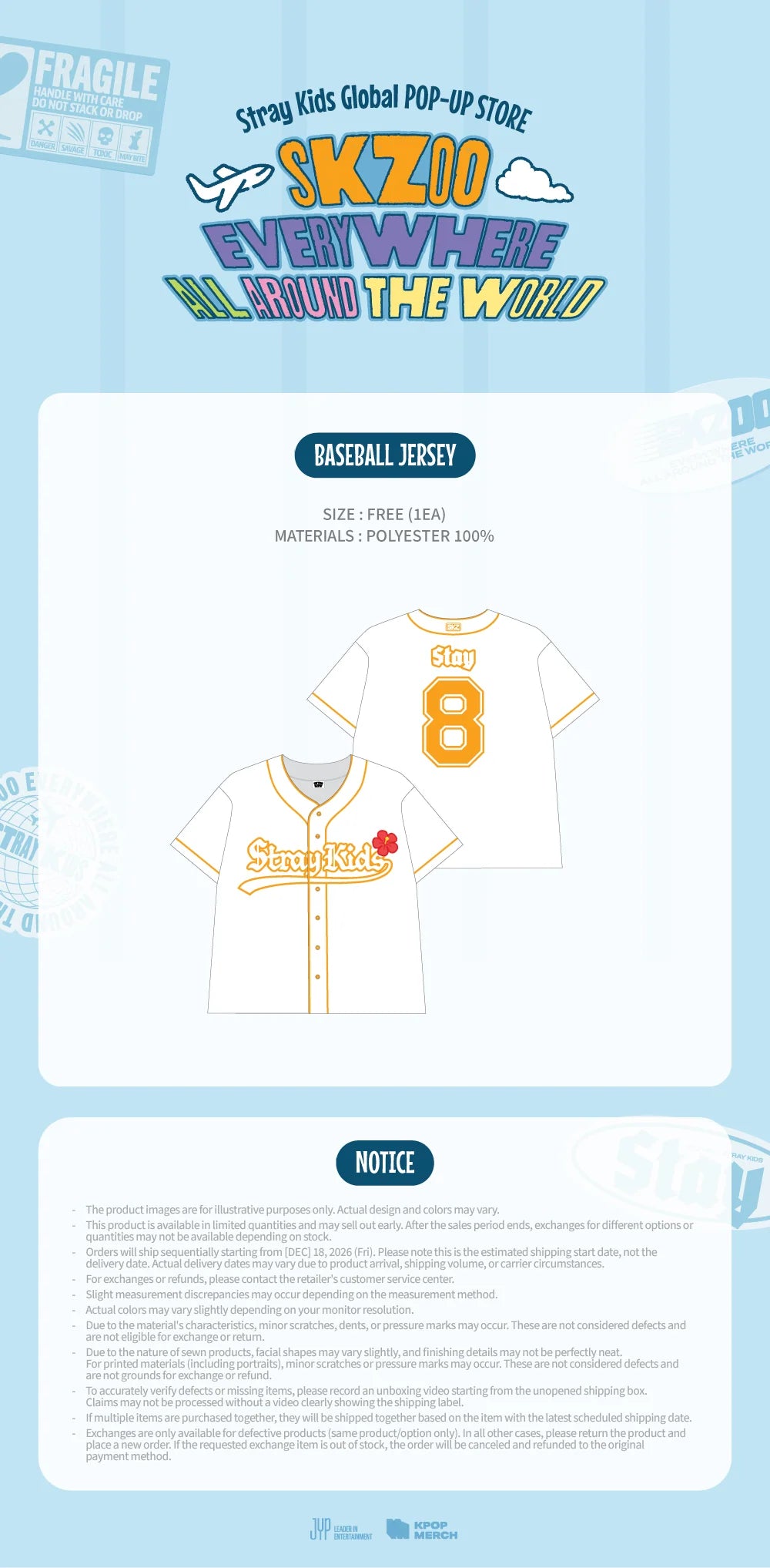 [PREORDER] [SHIPPING TBA 2027] Stray Kids - [SKZOO EVERYWHERE ALL AROUND THE WORLD] Global POP-UP STORE IN LATAM OFFICIAL MD - BASEBALL JERSEY + POB