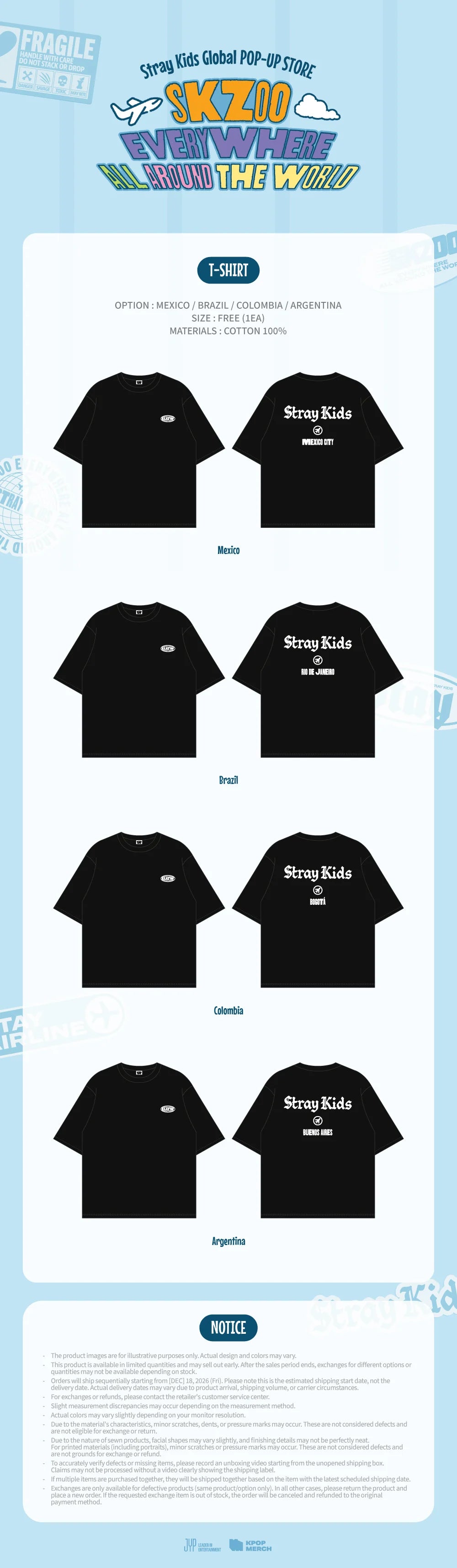[PREORDER] [SHIPPING TBA 2027] Stray Kids - [SKZOO EVERYWHERE ALL AROUND THE WORLD] Global POP-UP STORE IN LATAM OFFICIAL MD - T-SHIRT (City Choice) + POB